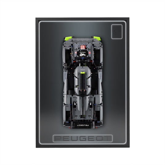 LED wall display for LEGO Technic 42156 Peugeot 9X8, straight-on view in ambient light with model