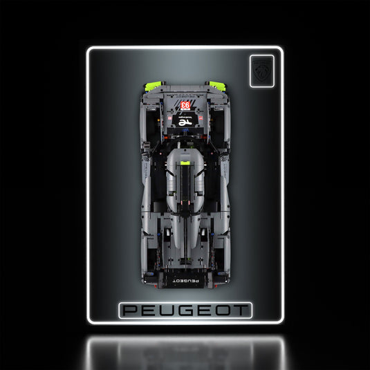 LED wall display for LEGO Technic 42156 Peugeot 9X8, illuminated straight-on view with model