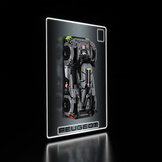 LED wall display for LEGO Technic 42156 Peugeot 9X8, illuminated left angle with model