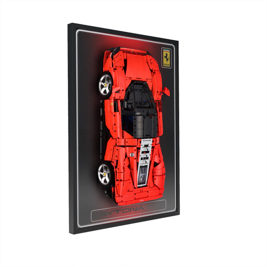 LED wall display for LEGO Technic 42143 Ferrari Daytona SP3, left angle in ambient light with model