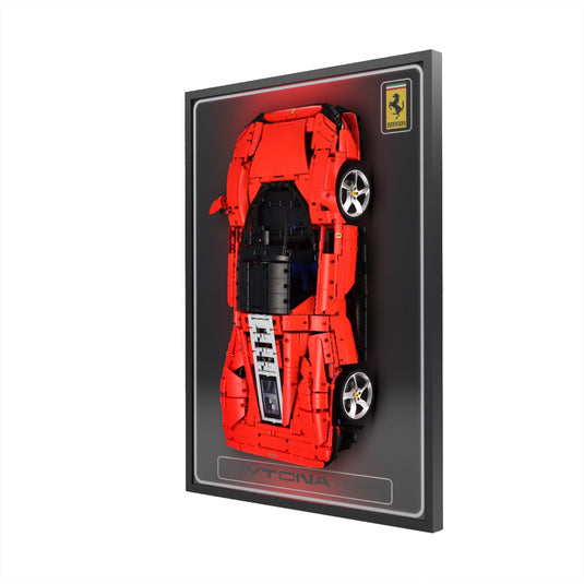 LED wall display for LEGO Technic 42143 Ferrari Daytona SP3, right angle in ambient light with model