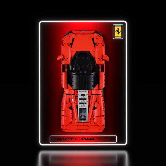 LED wall display for LEGO Technic 42143 Ferrari Daytona SP3, illuminated straight-on view with model