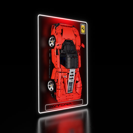 LED wall display for LEGO Technic 42143 Ferrari Daytona SP3, illuminated left angle with model