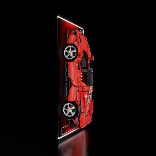 LED wall display for LEGO Technic 42143 Ferrari Daytona SP3, illuminated side view with model