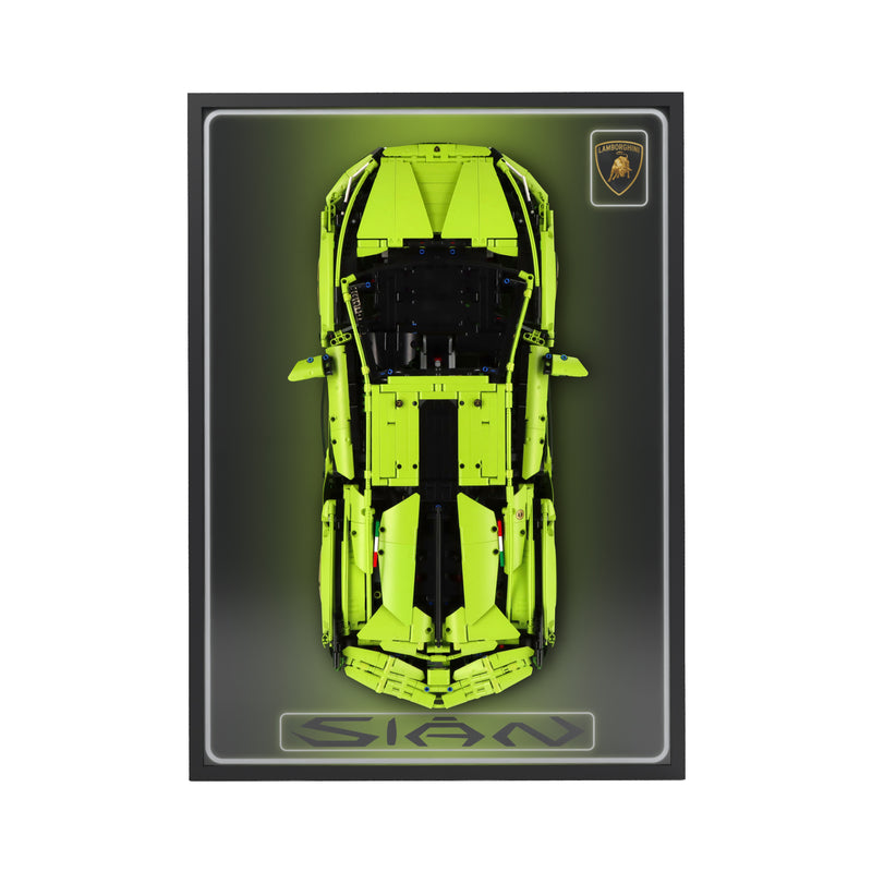 Load image into Gallery viewer, LED wall display for LEGO Technic 42115 Lamborghini Sián FKP 37, straight-on view in ambient light with model
