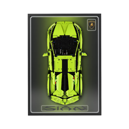 LED wall display for LEGO Technic 42115 Lamborghini Sián FKP 37, straight-on view in ambient light with model