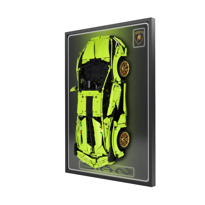 Load image into Gallery viewer, LED wall display for LEGO Technic 42115 Lamborghini Sián FKP 37, right angle in ambient light with model
