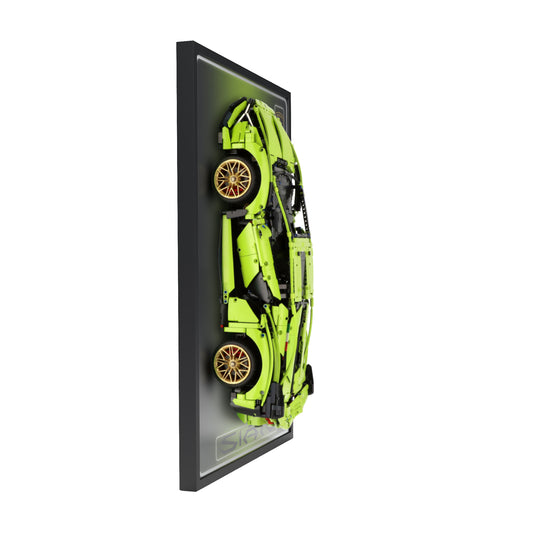 LED wall display for LEGO Technic 42115 Lamborghini Sián FKP 37, side view showing frame profile and mounted model