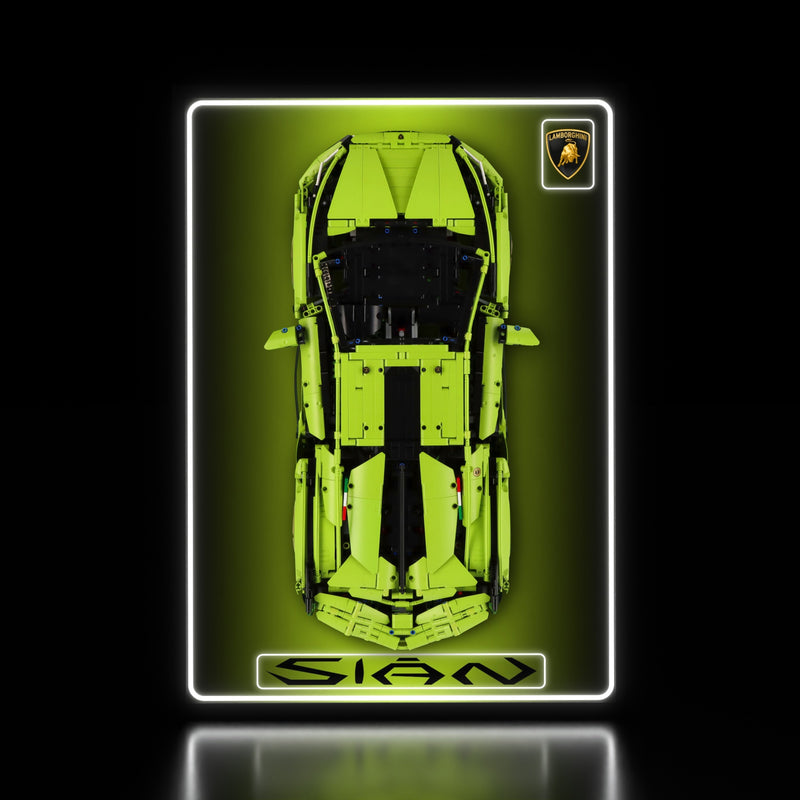 Load image into Gallery viewer, LED wall display for LEGO Technic 42115 Lamborghini Sián FKP 37, illuminated straight-on view with model
