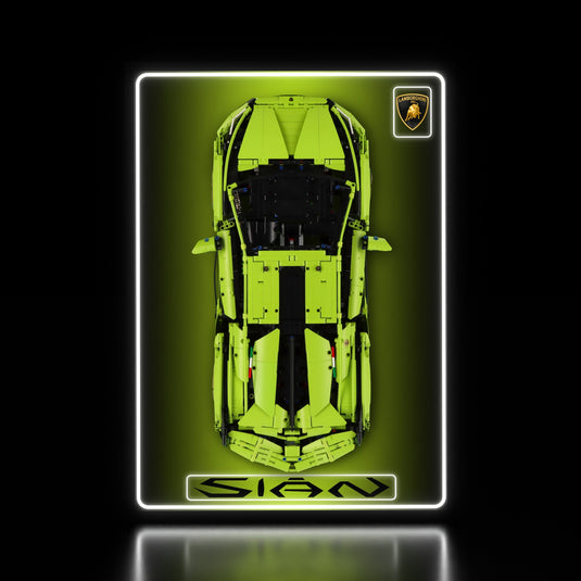 LED wall display for LEGO Technic 42115 Lamborghini Sián FKP 37, illuminated straight-on view with model
