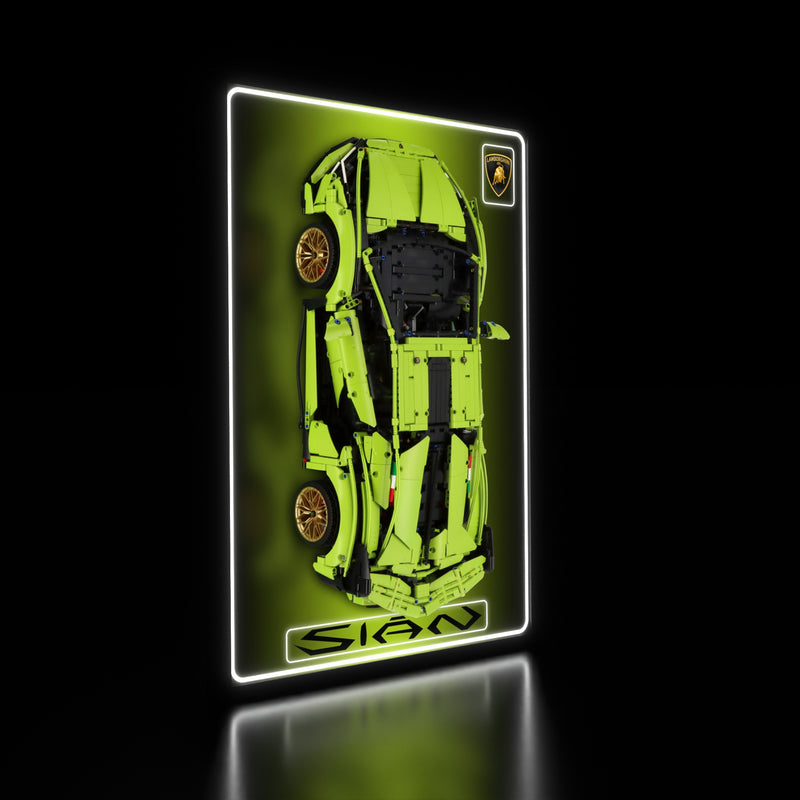 Load image into Gallery viewer, LED wall display for LEGO Technic 42115 Lamborghini Sián FKP 37, illuminated left angle with model
