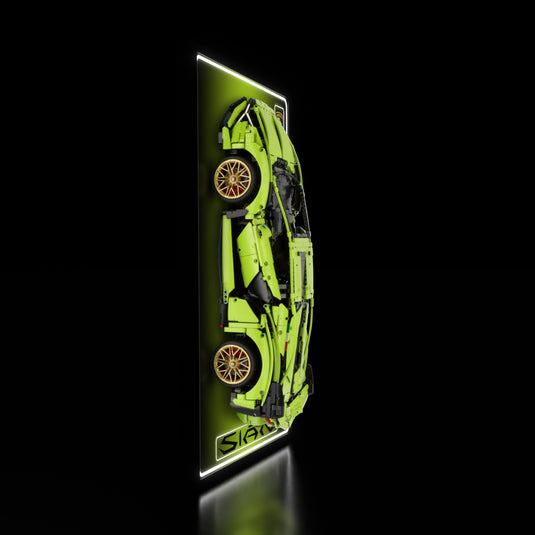 LED wall display for LEGO Technic 42115 Lamborghini Sián FKP 37, illuminated side view with model