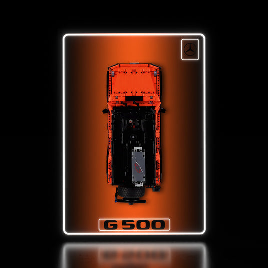 LED wall display for LEGO Technic 42177 Mercedes-Benz G 500, illuminated straight-on view with model