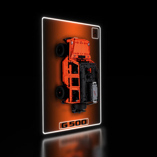 LED wall display for LEGO Technic 42177 Mercedes-Benz G 500, illuminated left angle with model