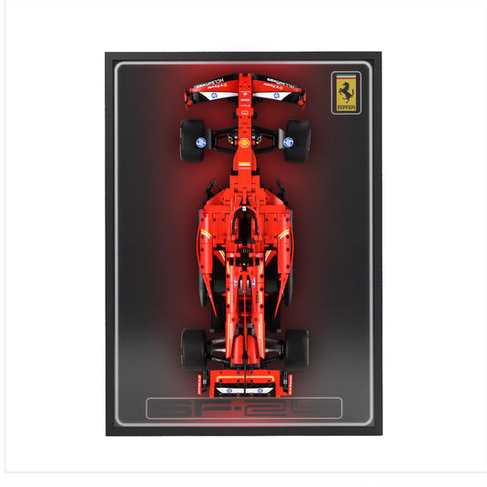 LED wall display for LEGO Technic 42207 Ferrari SF-24 F1 Car, straight-on view in ambient light with model