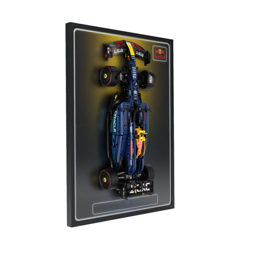 LED wall display for LEGO Technic 42206 Oracle Red Bull Racing RB20 F1 Car, left angle in ambient light with model