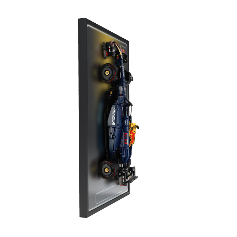 Load image into Gallery viewer, LED wall display for LEGO Technic 42206 Oracle Red Bull Racing RB20 F1 Car, side view showing frame profile and mounted model
