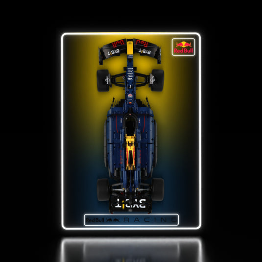 LED wall display for LEGO Technic 42206 Oracle Red Bull Racing RB20 F1 Car, illuminated straight-on view with model