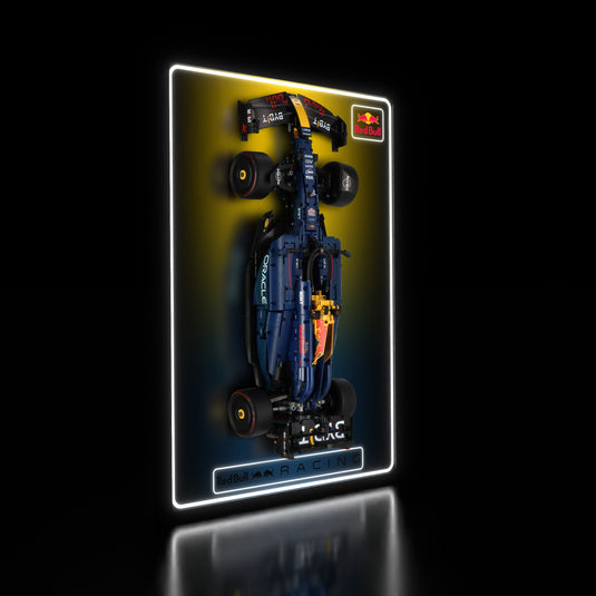 LED wall display for LEGO Technic 42206 Oracle Red Bull Racing RB20 F1 Car, illuminated left angle with model