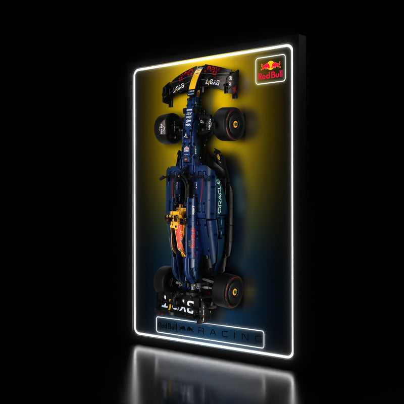 Load image into Gallery viewer, LED wall display for LEGO Technic 42206 Oracle Red Bull Racing RB20 F1 Car, illuminated right angle with model
