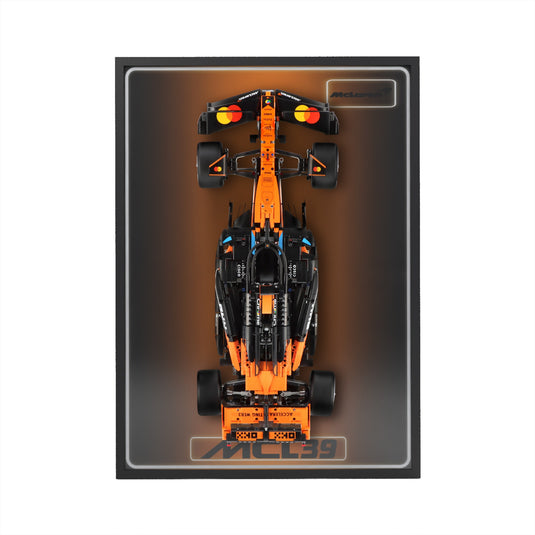 LED wall display for LEGO Technic 42228 McLaren MCL39 F1 Car, straight-on view in ambient light with model