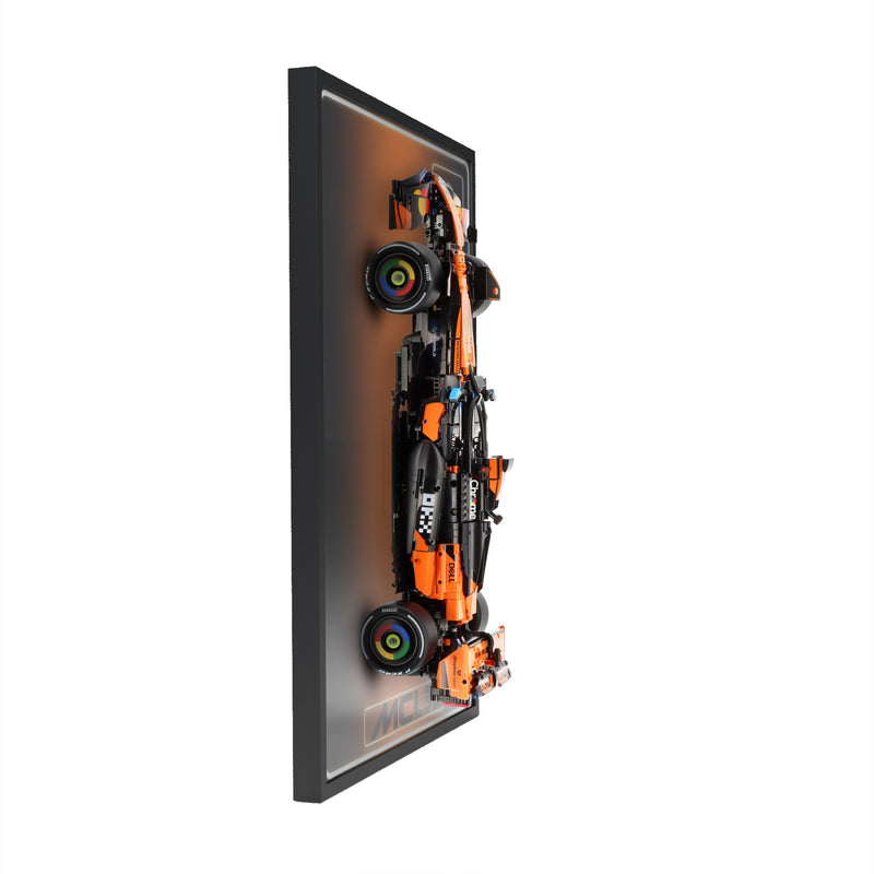 Load image into Gallery viewer, LED wall display for LEGO Technic 42228 McLaren MCL39 F1 Car, side view showing frame profile and mounted model
