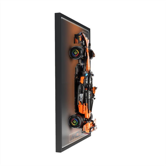 LED wall display for LEGO Technic 42228 McLaren MCL39 F1 Car, side view showing frame profile and mounted model