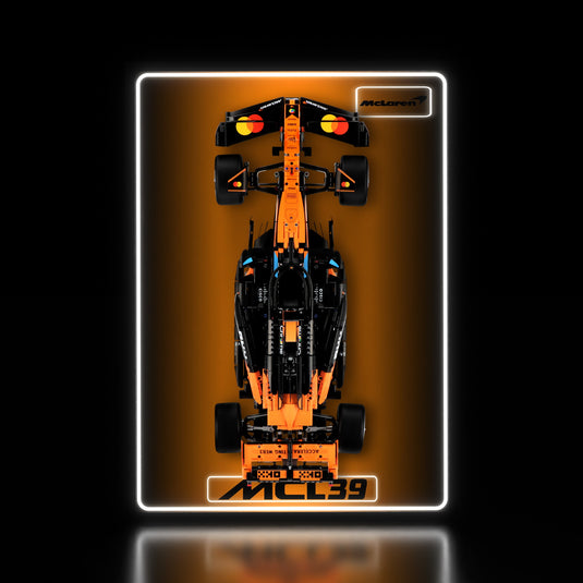 LED wall display for LEGO Technic 42228 McLaren MCL39 F1 Car, illuminated straight-on view with model