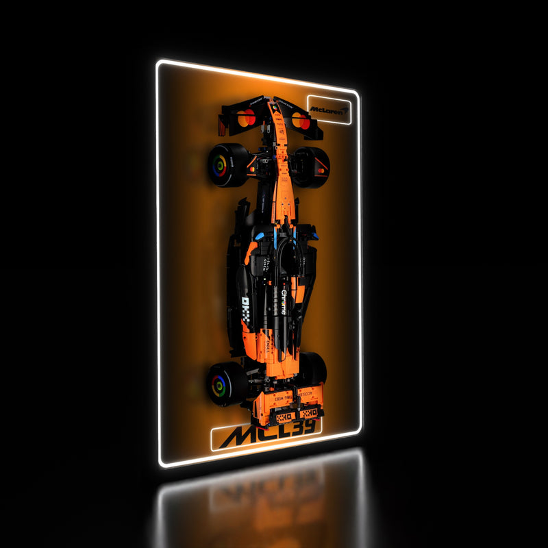 Load image into Gallery viewer, LED wall display for LEGO Technic 42228 McLaren MCL39 F1 Car, illuminated left angle with model
