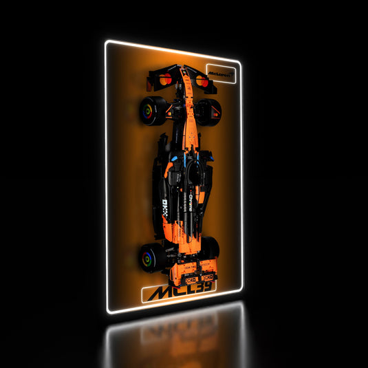 LED wall display for LEGO Technic 42228 McLaren MCL39 F1 Car, illuminated left angle with model