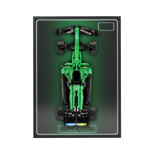 LED wall display for LEGO Technic 42240 Aston Martin Aramco AMR25 F1 Car, straight-on view in ambient light with model