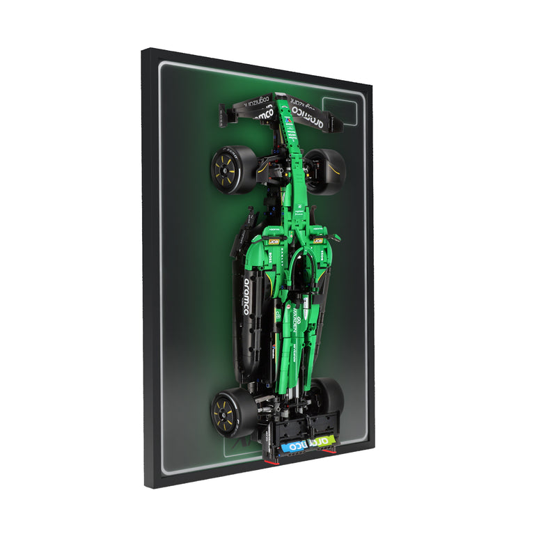 Load image into Gallery viewer, LED wall display for LEGO Technic 42240 Aston Martin Aramco AMR25 F1 Car, left angle in ambient light with model
