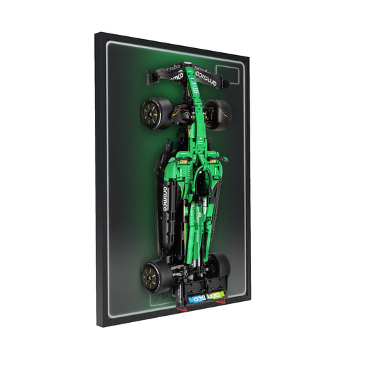 LED wall display for LEGO Technic 42240 Aston Martin Aramco AMR25 F1 Car, left angle in ambient light with model