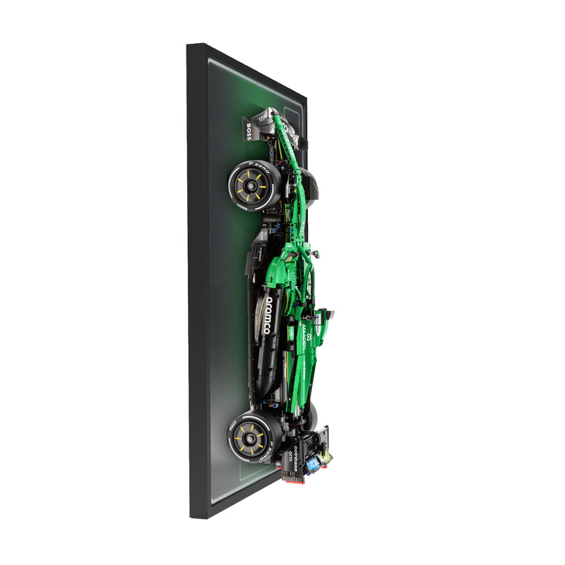 Load image into Gallery viewer, LED wall display for LEGO Technic 42240 Aston Martin Aramco AMR25 F1 Car, side view showing frame profile and mounted model
