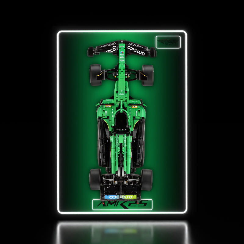 Load image into Gallery viewer, LED wall display for LEGO Technic 42240 Aston Martin Aramco AMR25 F1 Car, illuminated straight-on view with model
