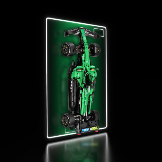 LED wall display for LEGO Technic 42240 Aston Martin Aramco AMR25 F1 Car, illuminated left angle with model