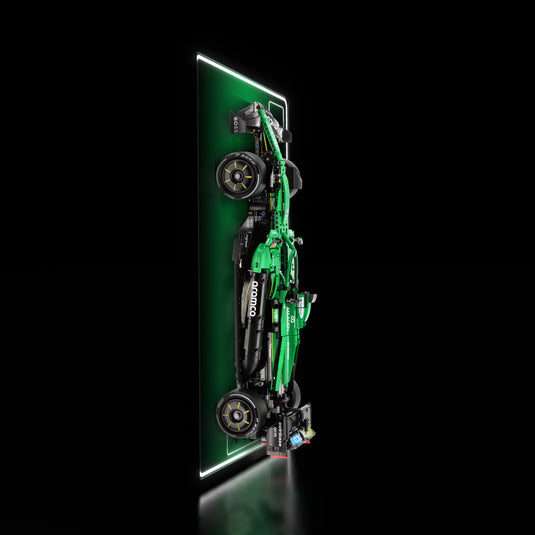 LED wall display for LEGO Technic 42240 Aston Martin Aramco AMR25 F1 Car, illuminated side view with model