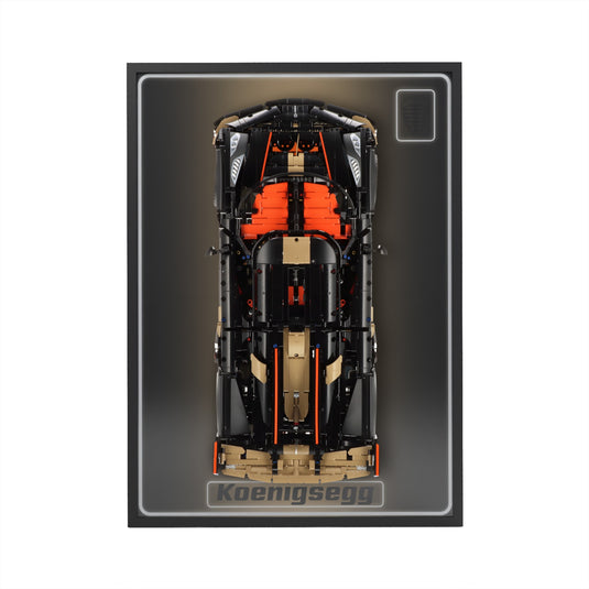 LED wall display for LEGO Technic 42232 Koenigsegg Sadair's Spear Megacar, straight-on view in ambient light with model