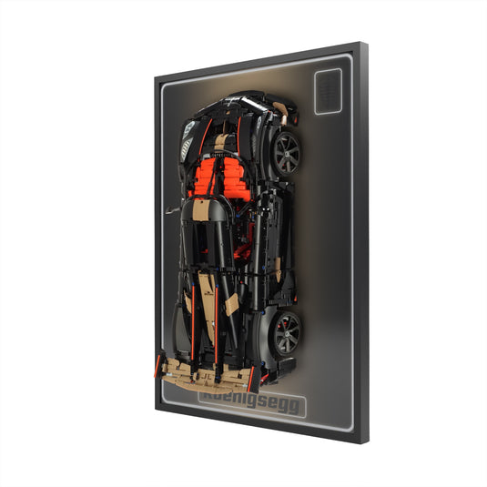 LED wall display for LEGO Technic 42232 Koenigsegg Sadair's Spear Megacar, right angle in ambient light with model