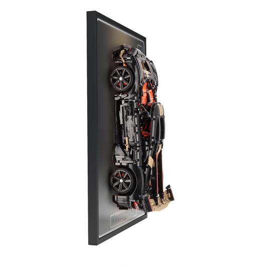 LED wall display for LEGO Technic 42232 Koenigsegg Sadair's Spear Megacar, side view showing frame profile and mounted model