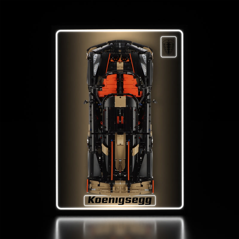 Load image into Gallery viewer, LED wall display for LEGO Technic 42232 Koenigsegg Sadair's Spear Megacar, illuminated straight-on view with model
