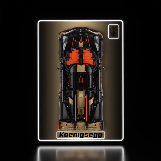 LED wall display for LEGO Technic 42232 Koenigsegg Sadair's Spear Megacar, illuminated straight-on view with model