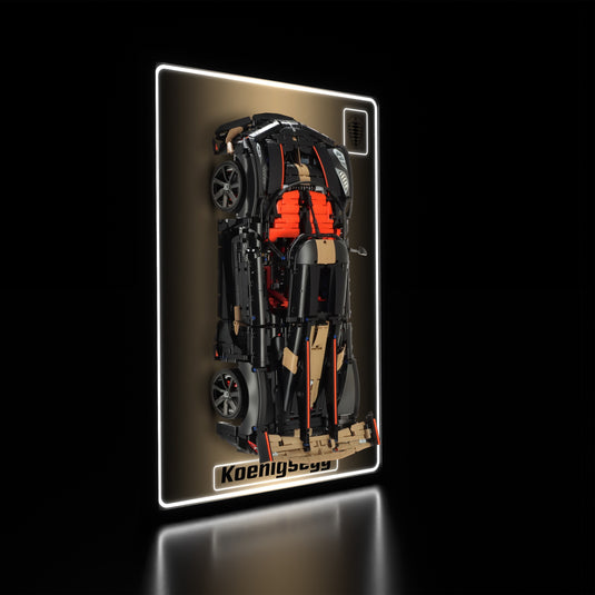 LED wall display for LEGO Technic 42232 Koenigsegg Sadair's Spear Megacar, illuminated left angle with model