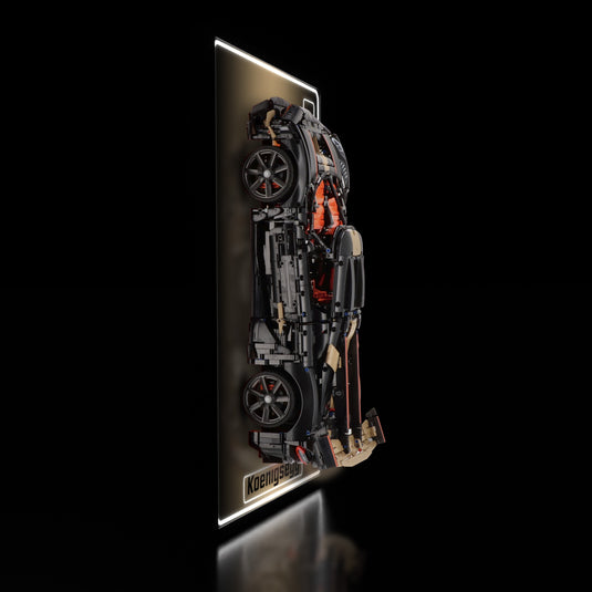 LED wall display for LEGO Technic 42232 Koenigsegg Sadair's Spear Megacar, illuminated side view with model