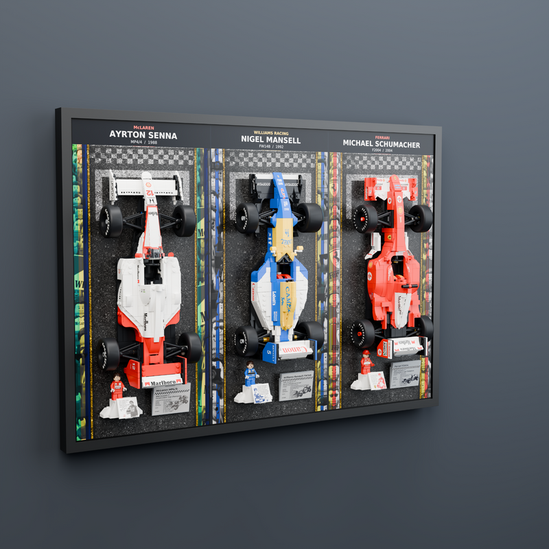 Load image into Gallery viewer, Triple F1 wall display with LEGO McLaren, Williams and Ferrari cars, left angle on a grey wall
