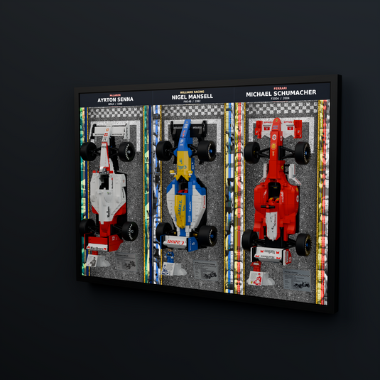 Triple F1 wall display with all three LEGO cars and driver minifigures, right angle on a dark wall