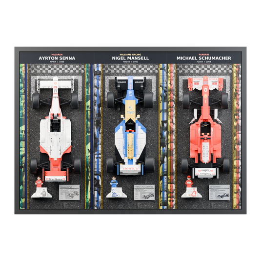 Triple F1 wall display for LEGO Icons Senna, Mansell and Schumacher, straight front view with all three cars