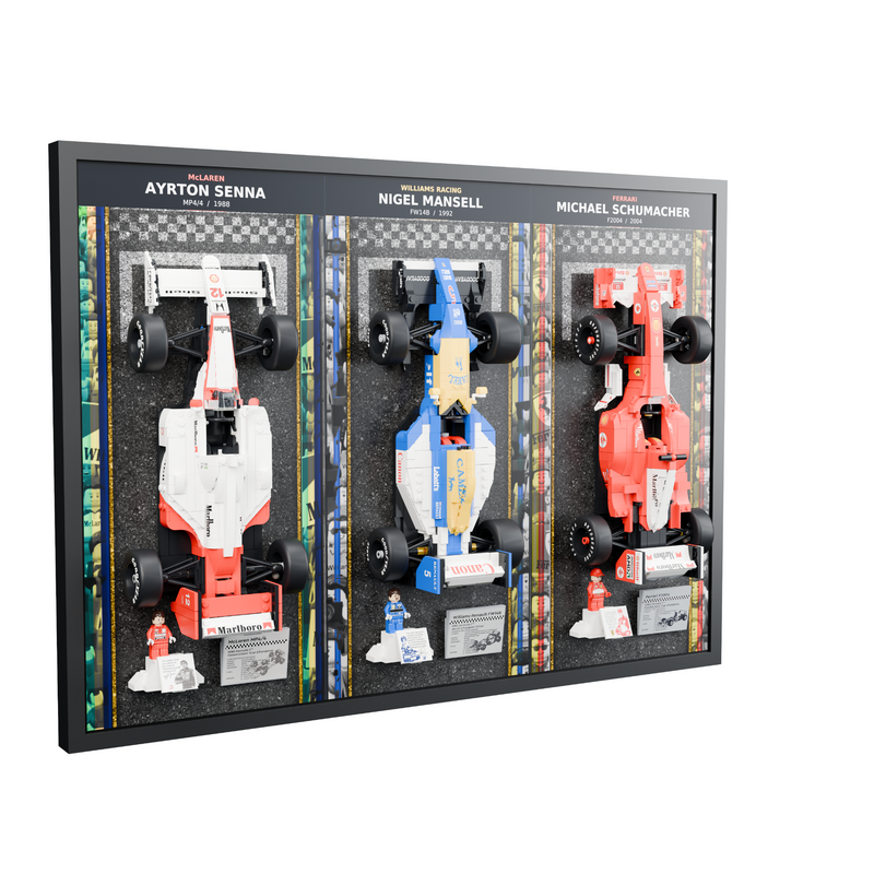 Load image into Gallery viewer, Black framed triple F1 wall display with LEGO cars, minifigures and plaques, left angle on white
