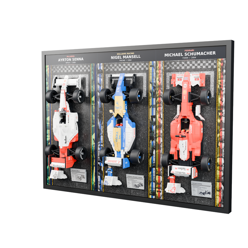 Load image into Gallery viewer, Black framed triple F1 wall display with LEGO McLaren, Williams and Ferrari cars, right angle on white
