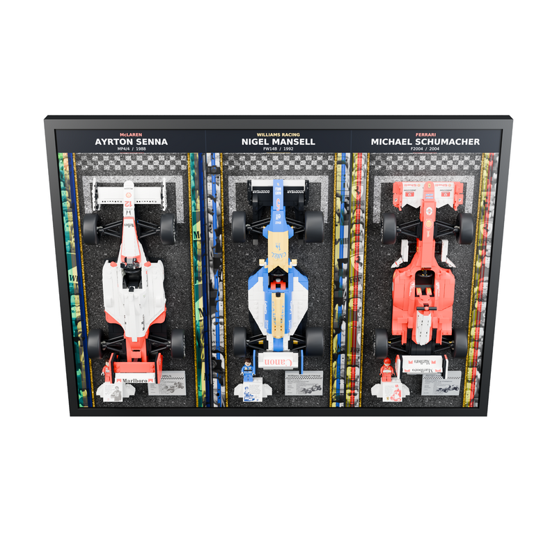 Load image into Gallery viewer, Triple F1 wall display with all three LEGO cars and driver minifigures, elevated front view
